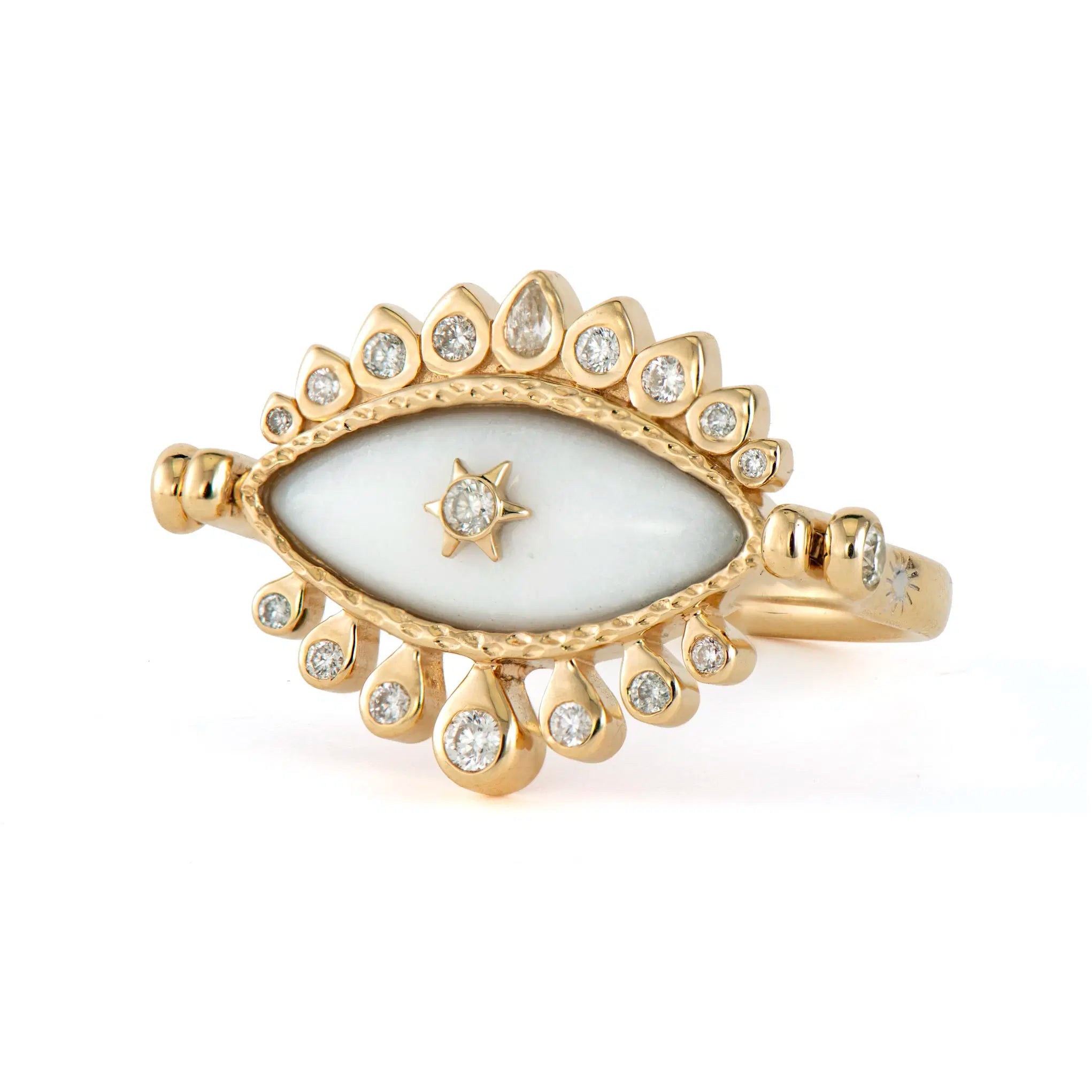 Bejeweled Evil Eye and White Agate Flip Ring