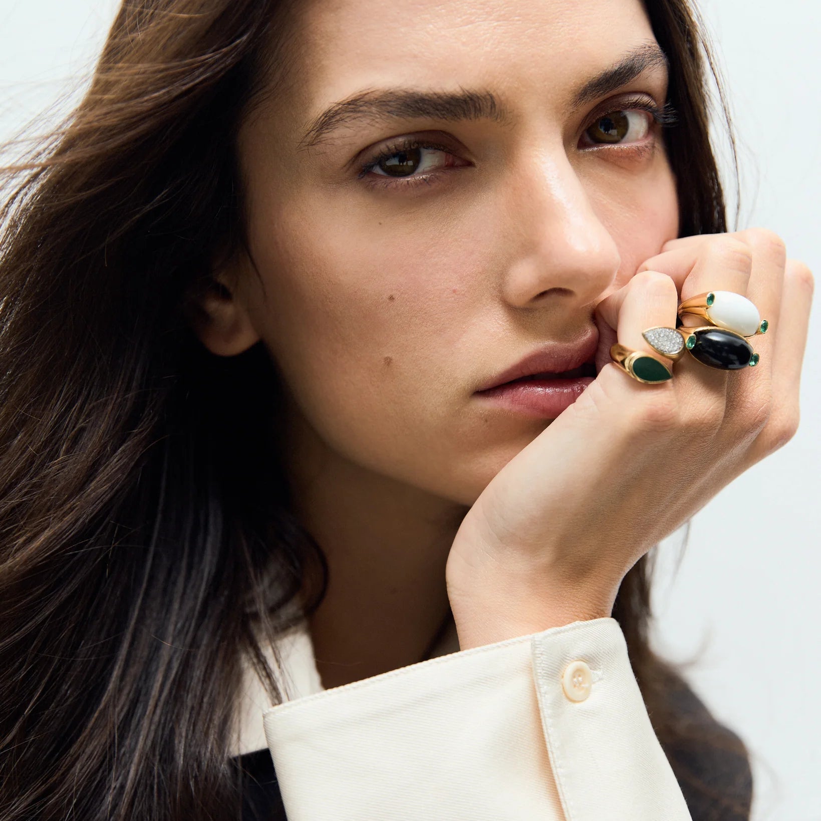 Oval White And Emerald Signet Ring