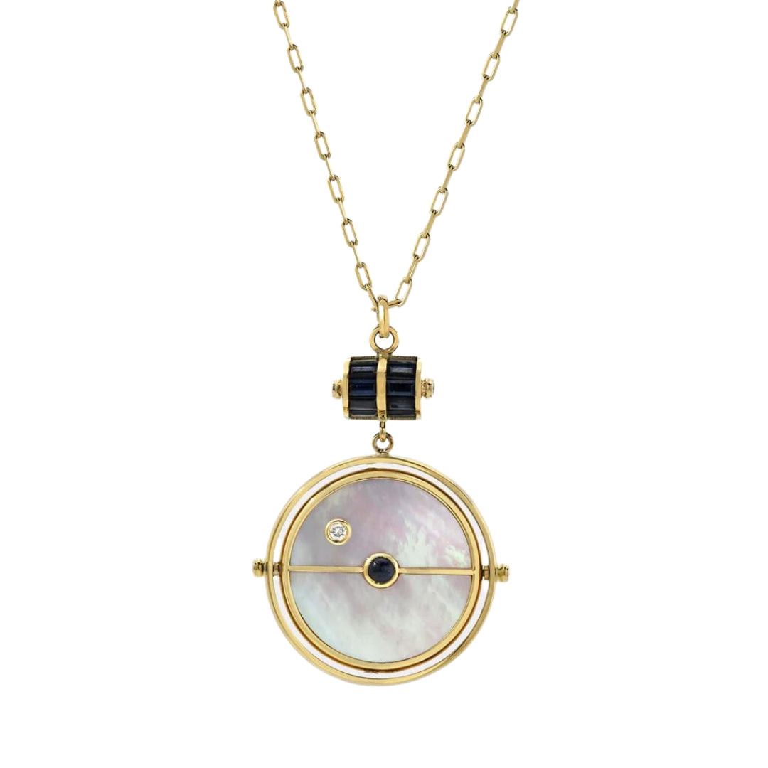 Mother Of Pearl & Blue Sapphire Grandfather Compass Pendant