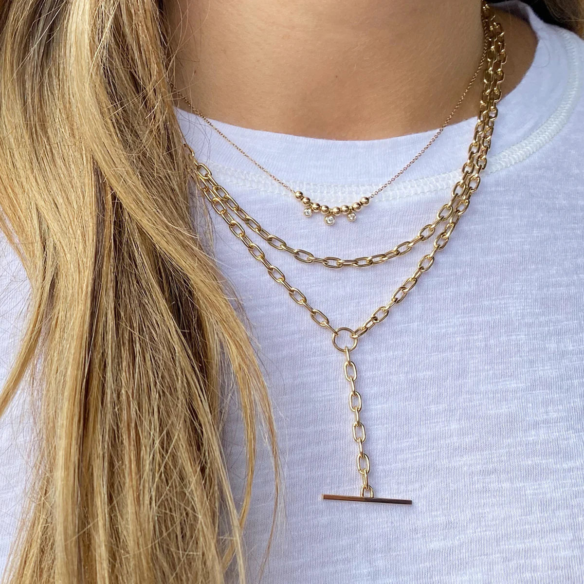 14k Gold Medium Square Oval Link Faux Toggle Lariat Necklace
