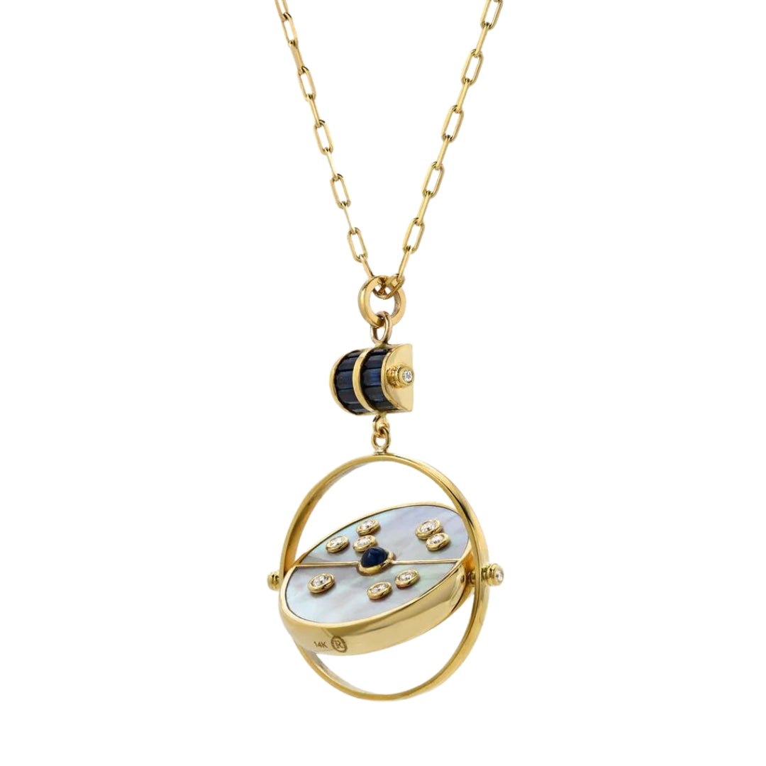 Grandfather Compass Pendant with White Mother of Pearl and Blue Sapphire