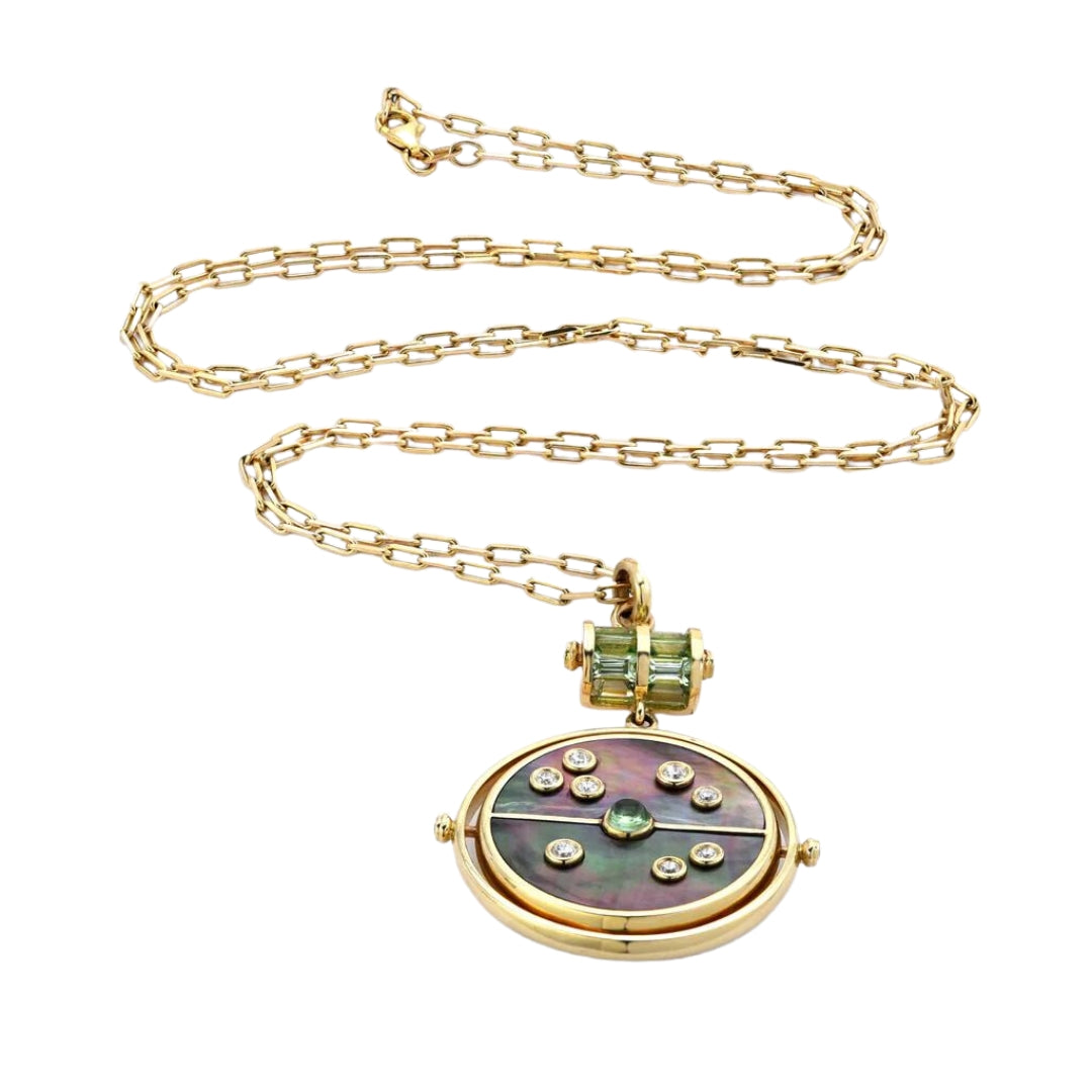Grandfather Compass Pendant with Dark Mother of Pearl and Mint Garnet