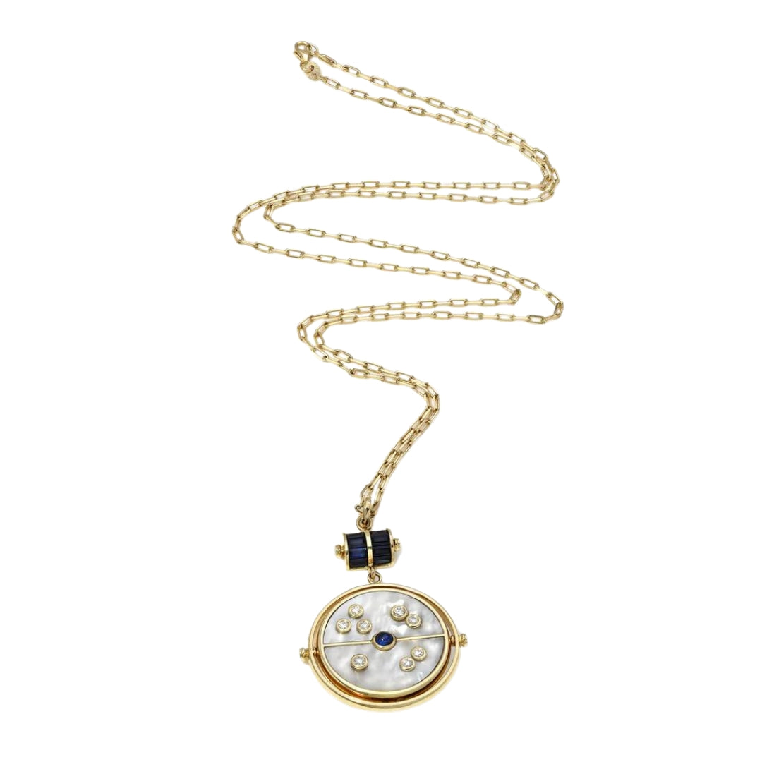 Grandfather Compass Pendant with White Mother of Pearl and Blue Sapphire