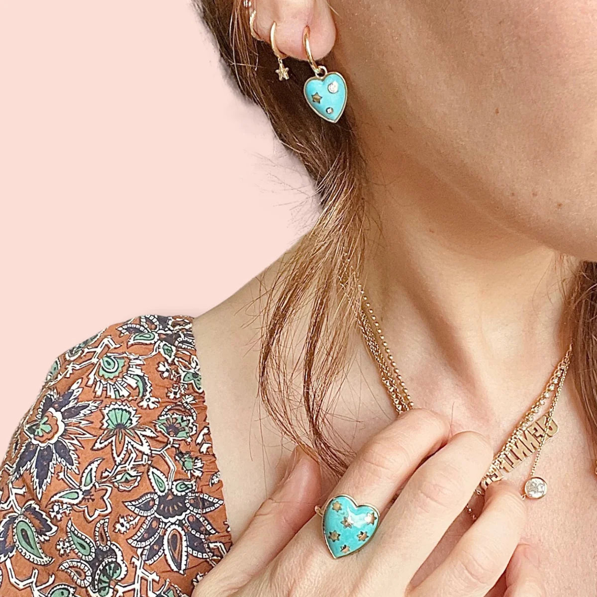 14K Gold Turquoise Anne Diamond Heart Huggie Earrings