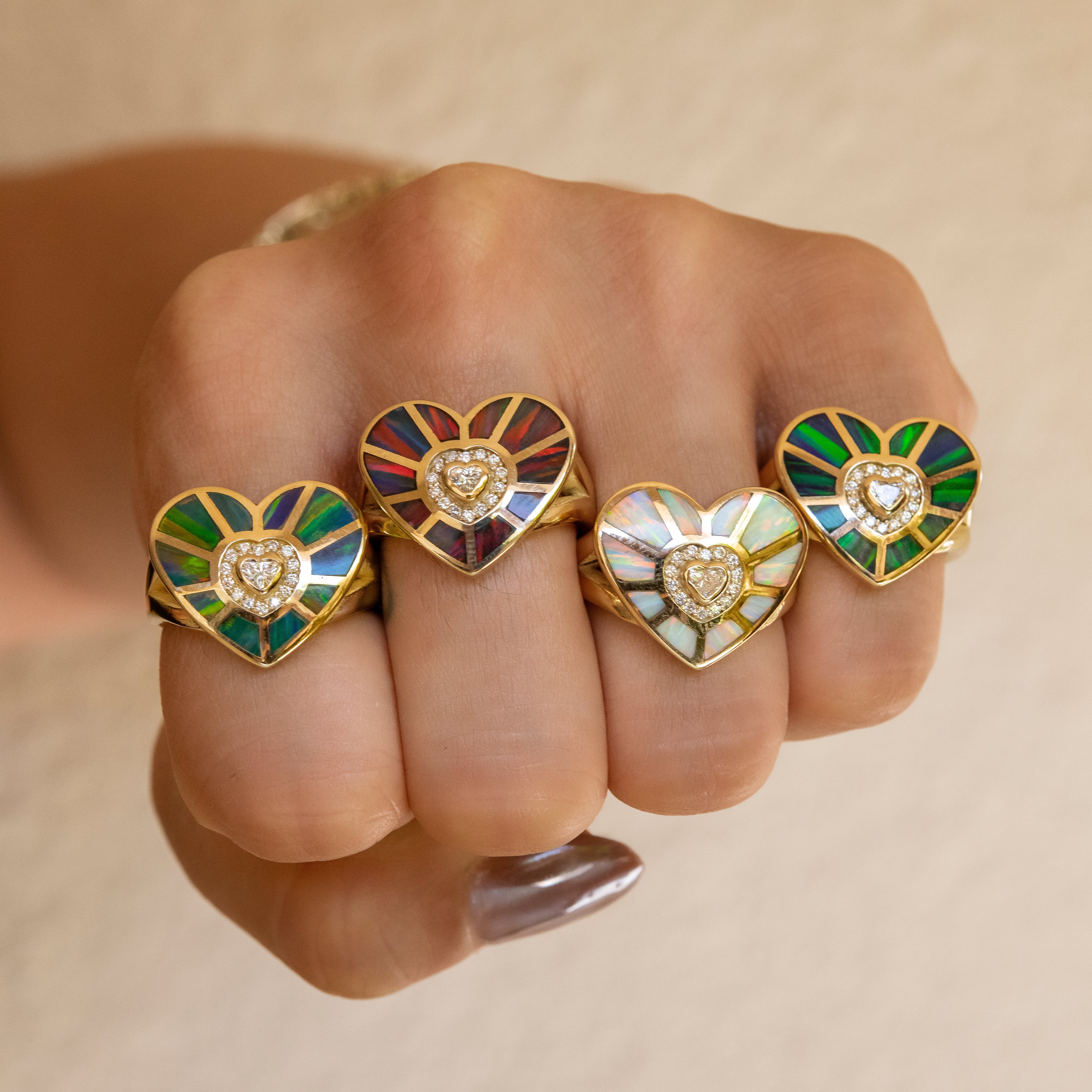 Diamond Heart Center & White Opal inlay Heart Vortex Ring