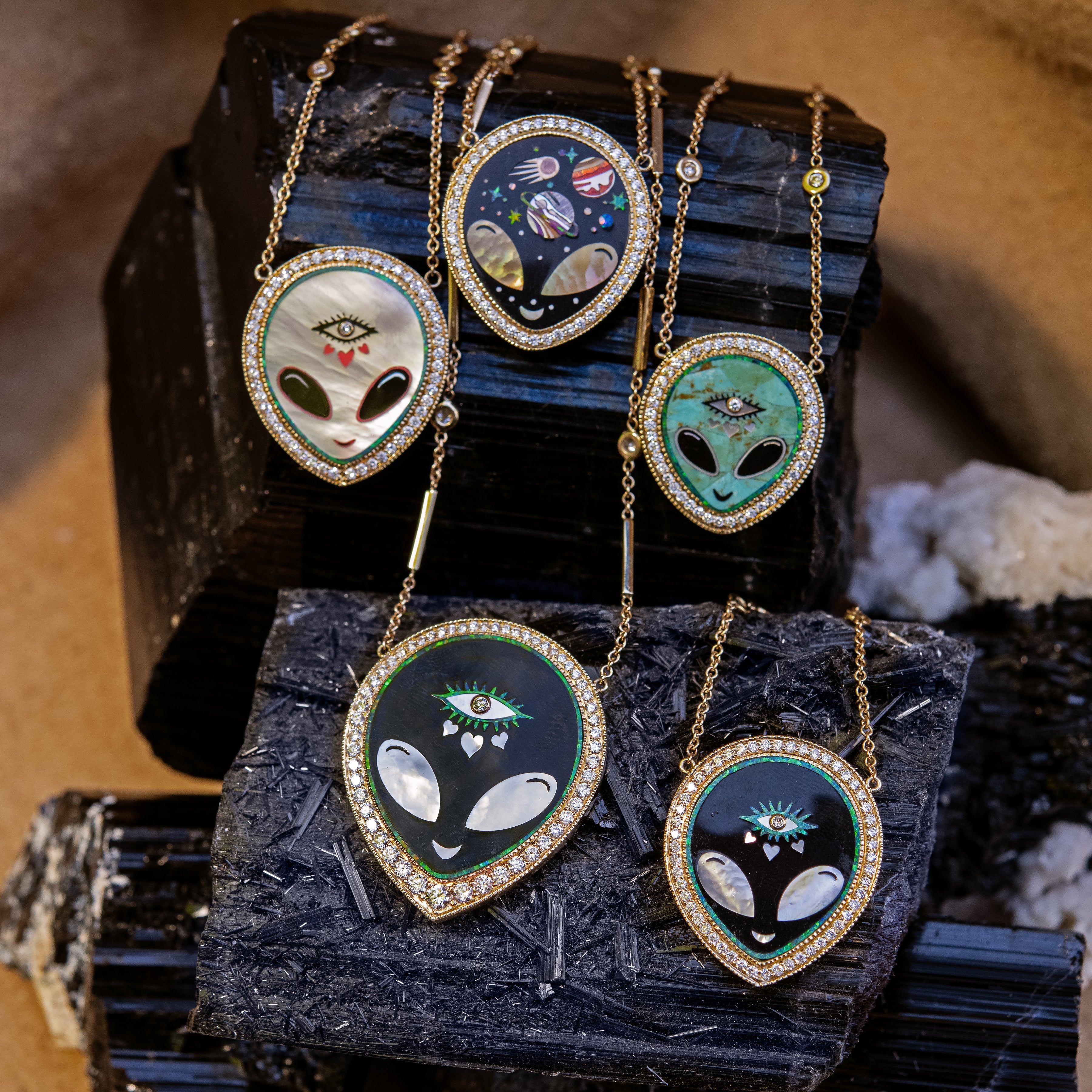 Small Pave Pearl + Onyx Alien Heart Eye Inlay Necklace