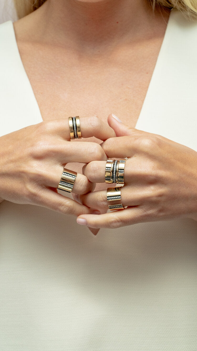 14k Yellow Gold Wide Diamond Line Band With Ruthenium Trim