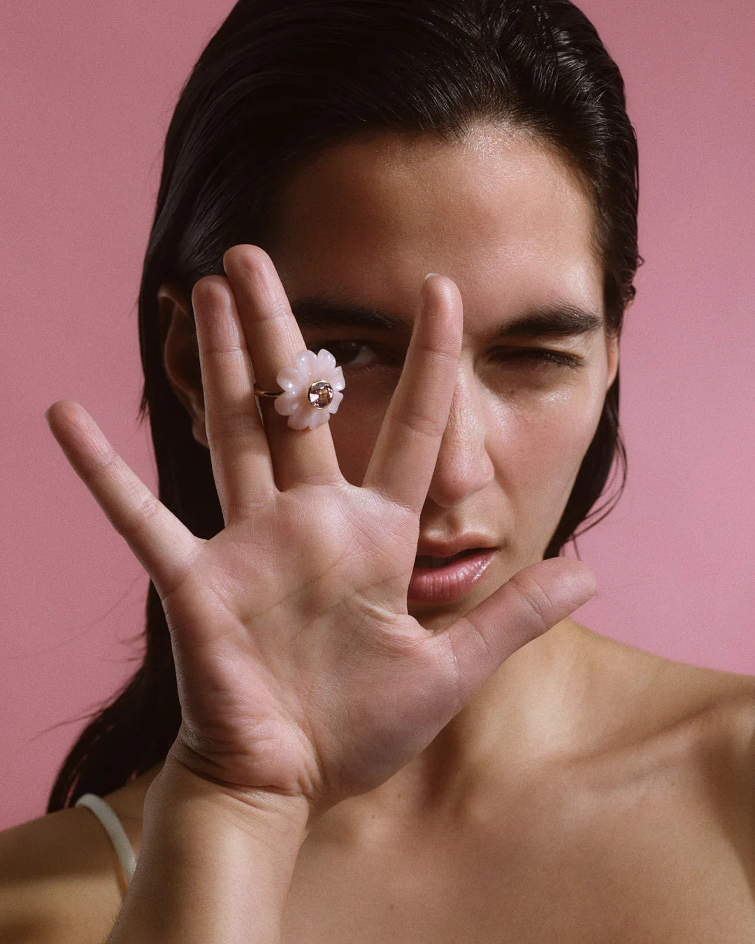 Daisy Flower Ring Pink Opal Tourmaline