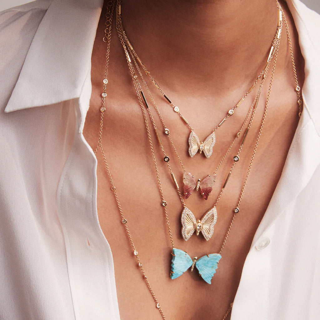 Small Pave Teardrop Diamond Center Butterfly Necklace