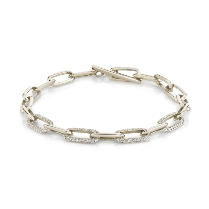 Knife Edge Oval Link Chain Bracelet with Four Alternating Double-Sided Pave Links