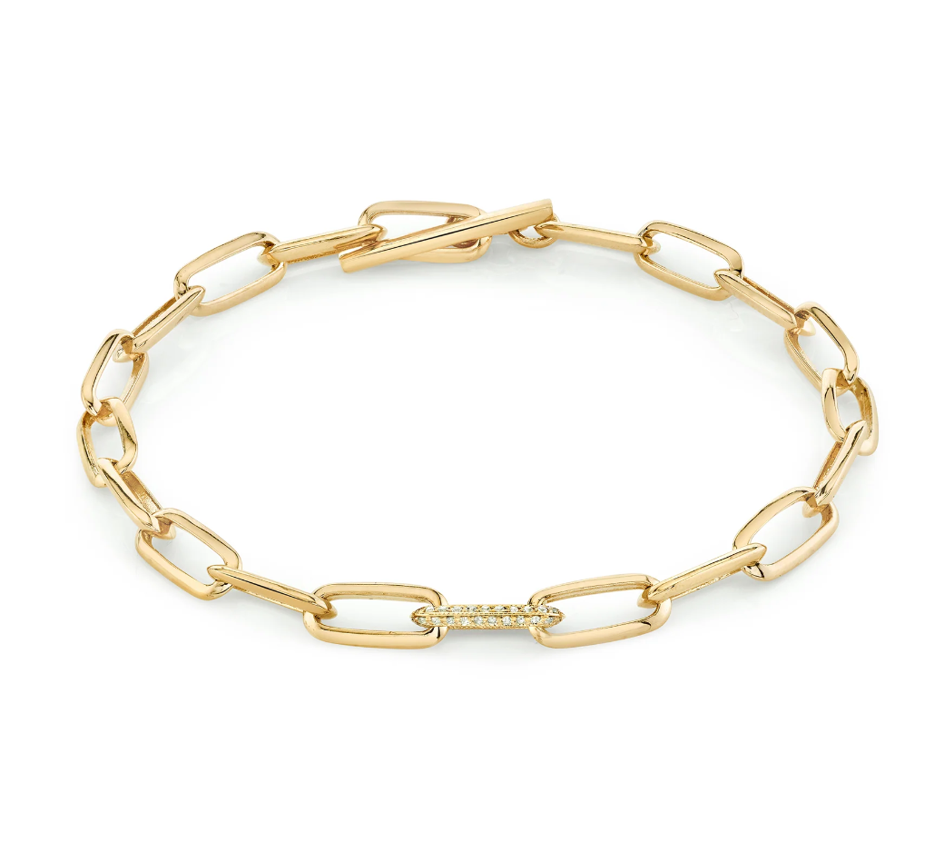 Knife Edge Oval Link Chain Bracelet Single Pavé Link