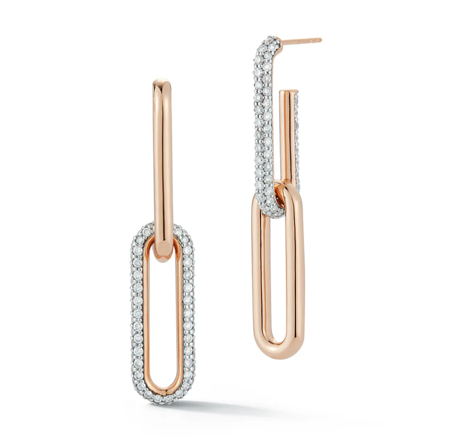 Saxon Rose Gold and White Rhodium Diamond Mix Matched 2 Drop Elongated Link Earrings
