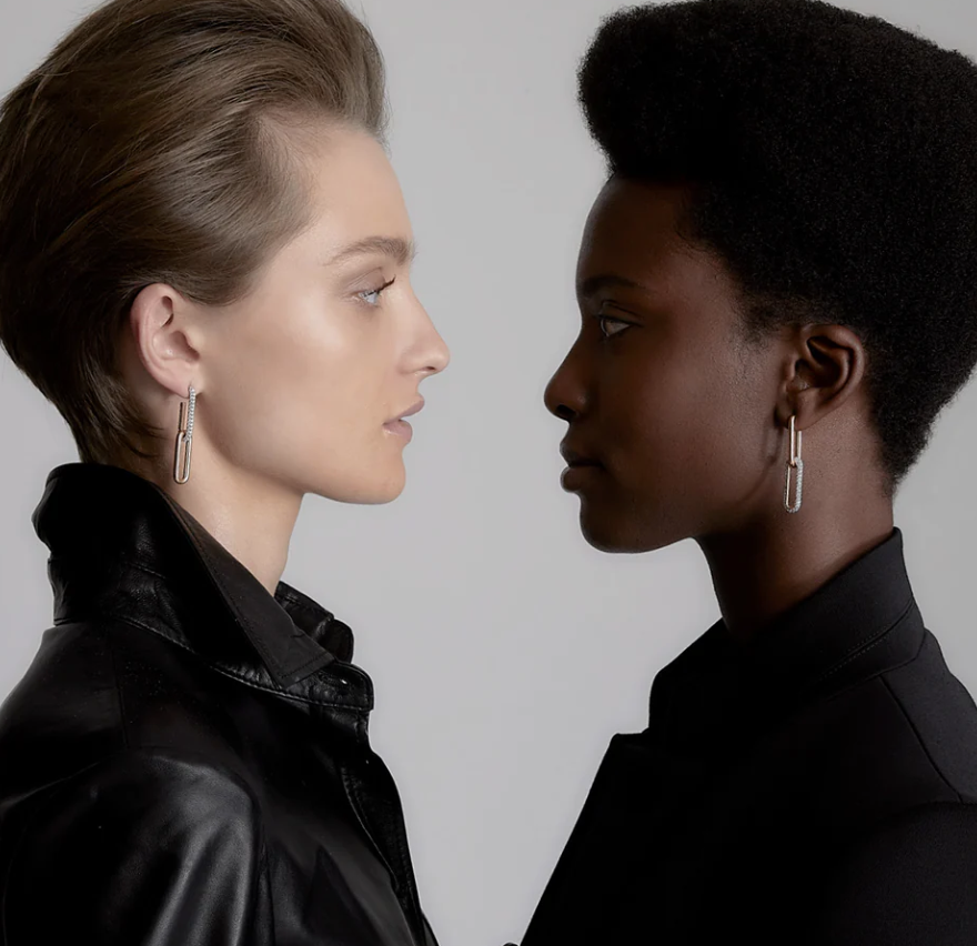 Saxon Rose Gold and White Rhodium Diamond Mix Matched 2 Drop Elongated Link Earrings