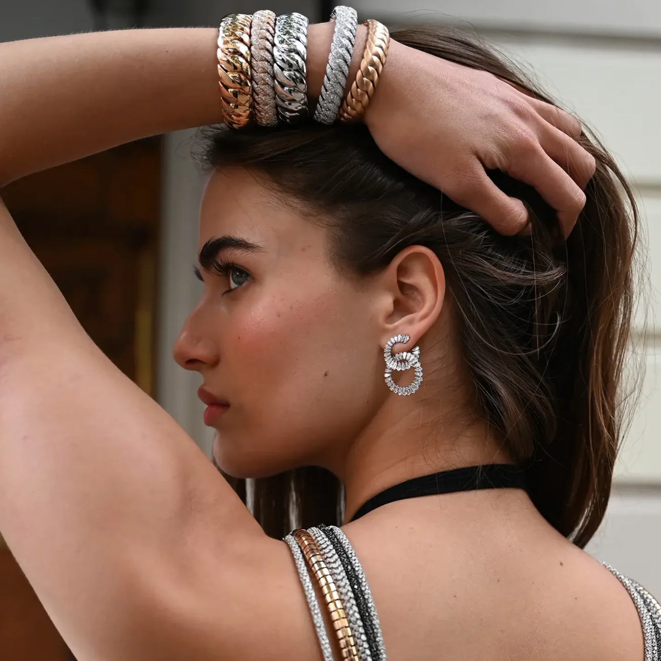 Narrow Polish Wave Link Bracelet With Diamonds