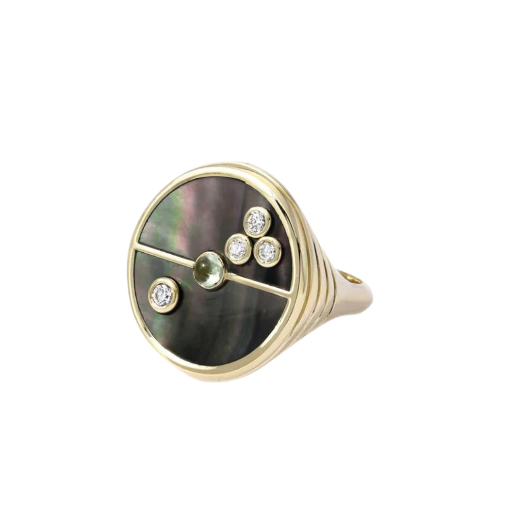 Dark Mother of Pearl & Mint Garnet Compass Signet Ring