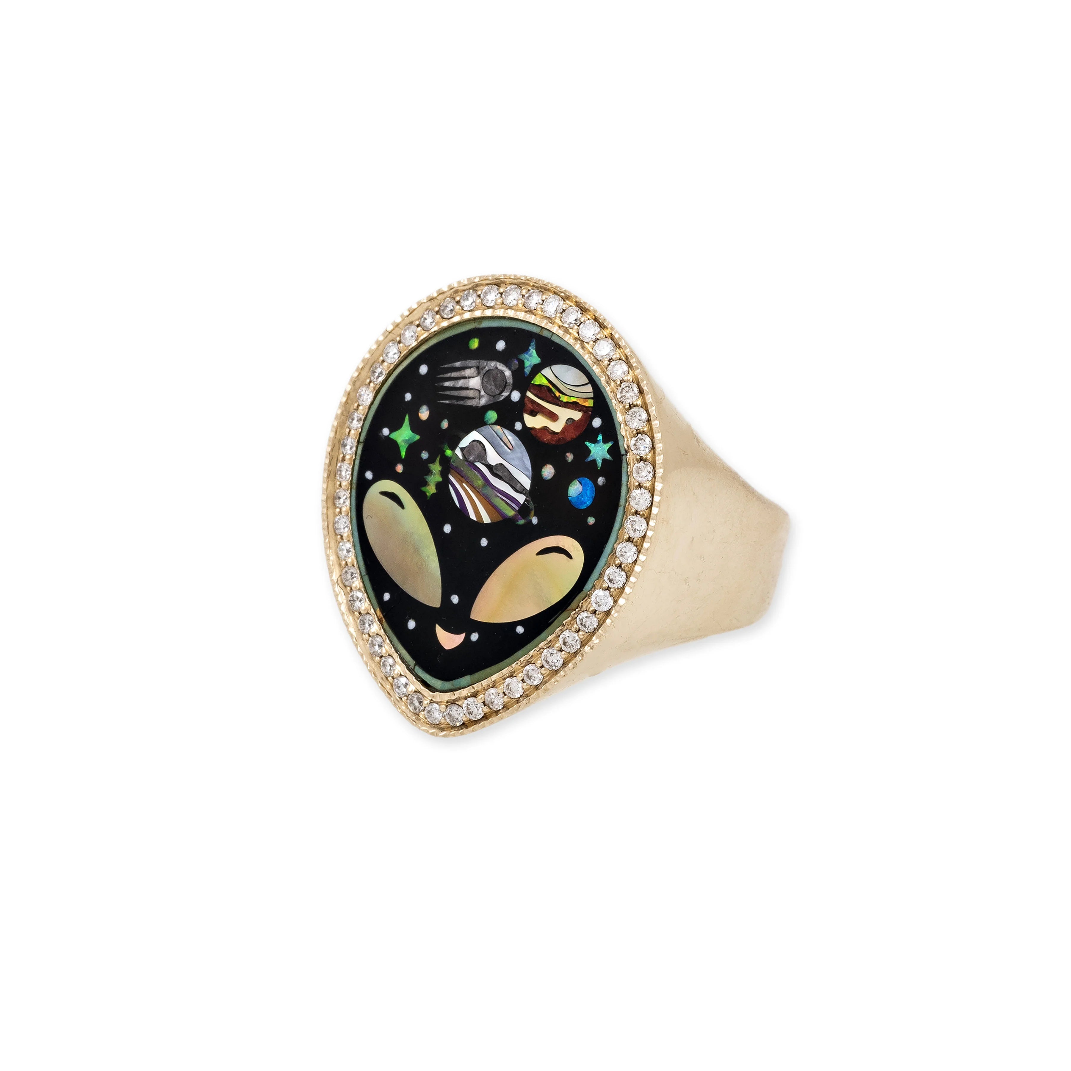 Pave Onyx & Pearl Alien Galaxy Inlay Ring