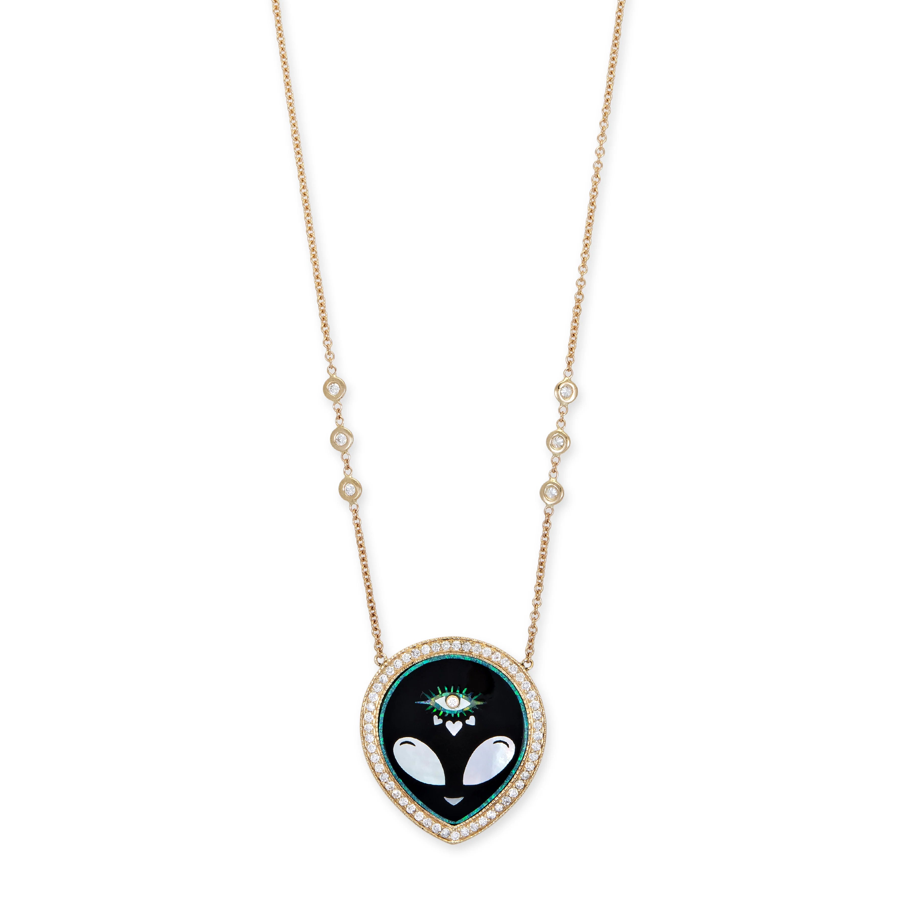 Small Pave Pearl + Onyx Alien Heart Eye Inlay Necklace