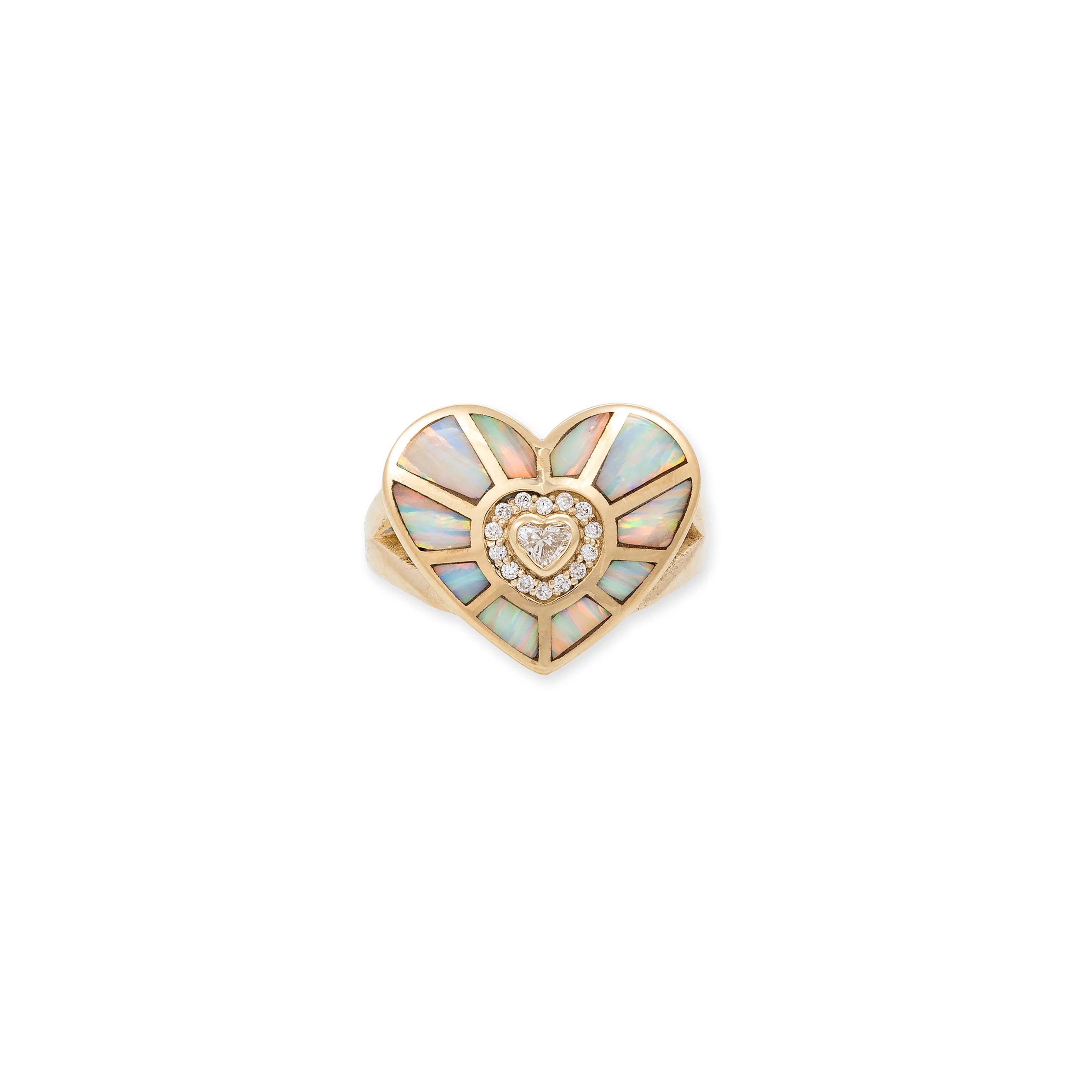 Diamond Heart Center & White Opal inlay Heart Vortex Ring