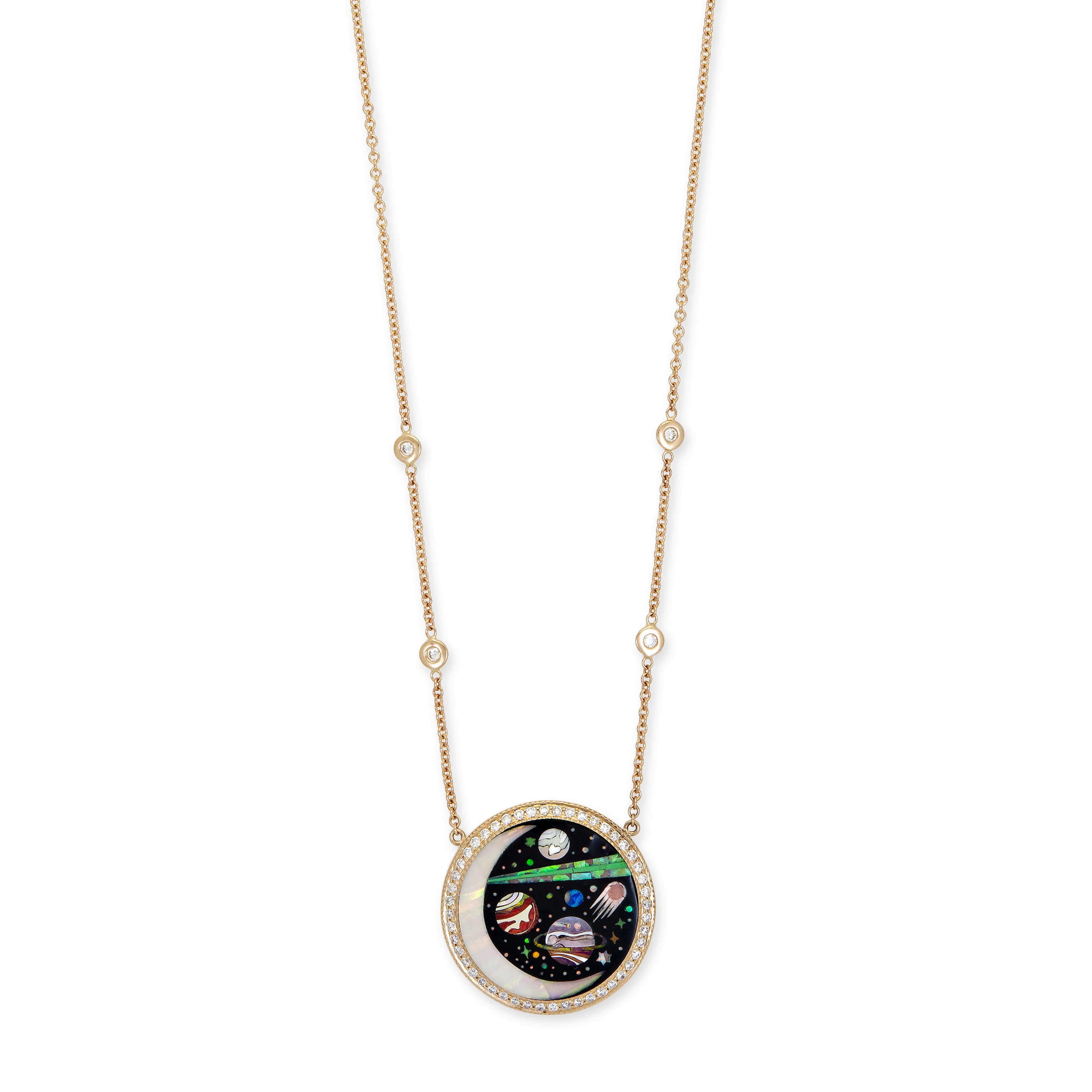 Small Round Onyx + Opal Crescent Galaxy Planet Inlay Necklace