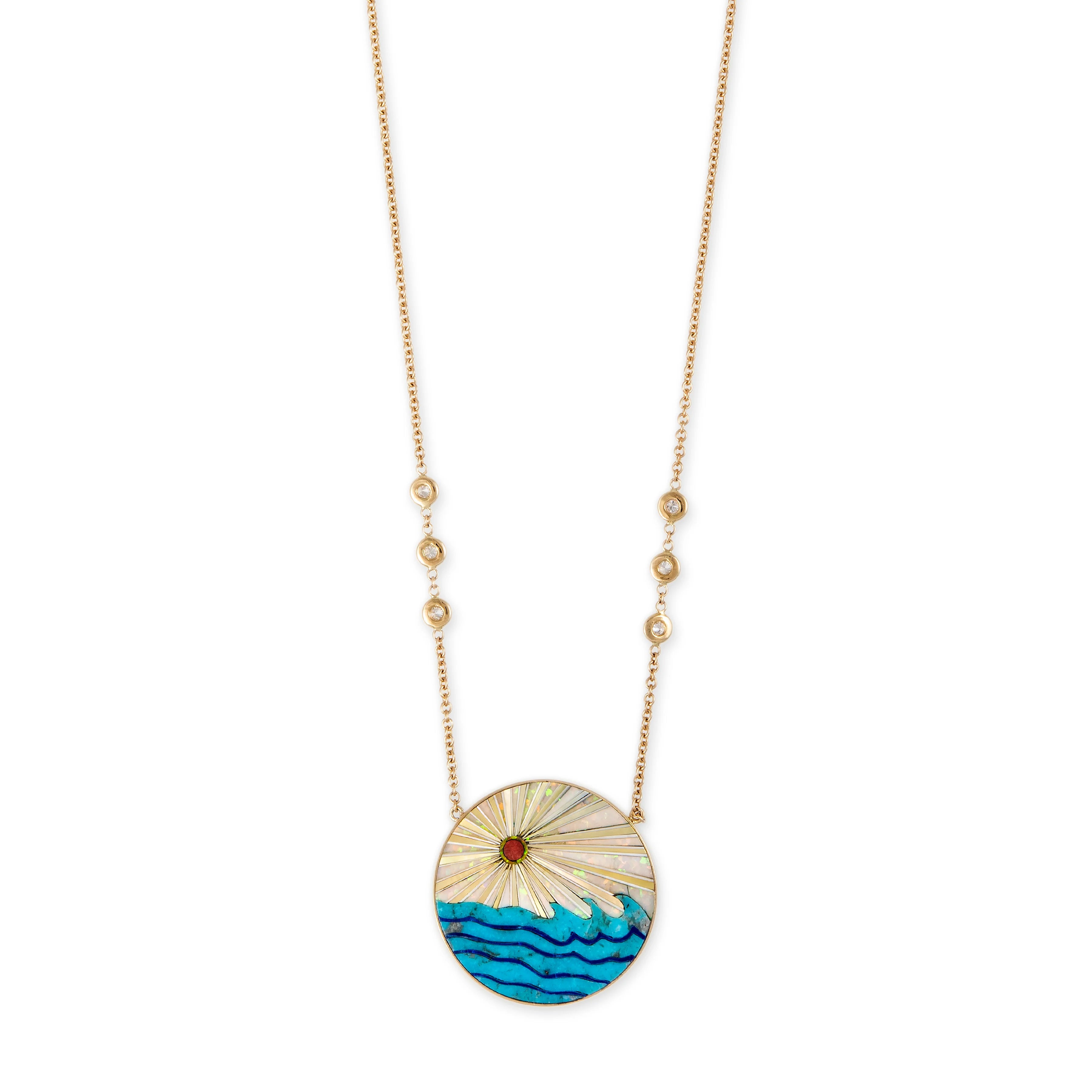 Round Opal Rays + Turquoise Waves Inlay Necklace