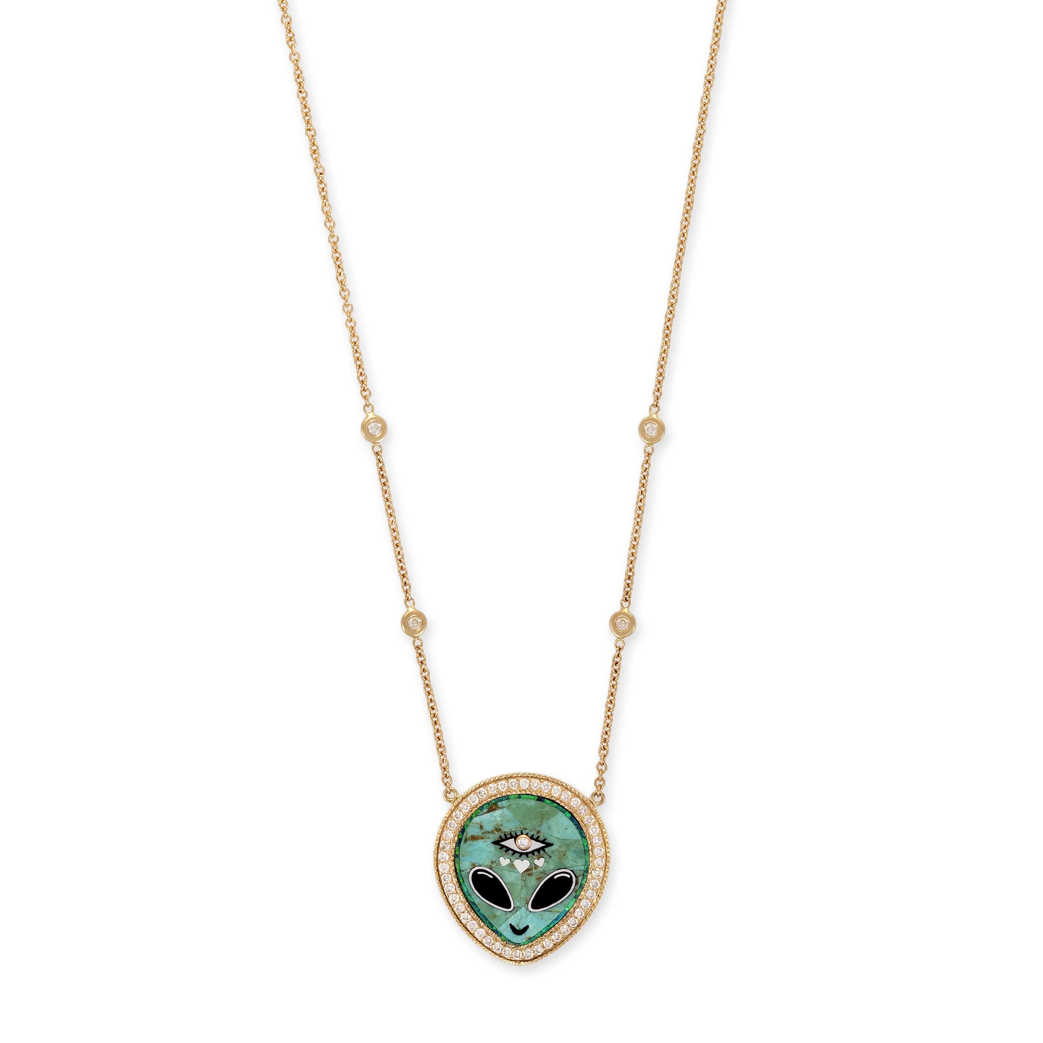 Small Pave Turquoise + Onyx Heart Eye Inlay Necklace