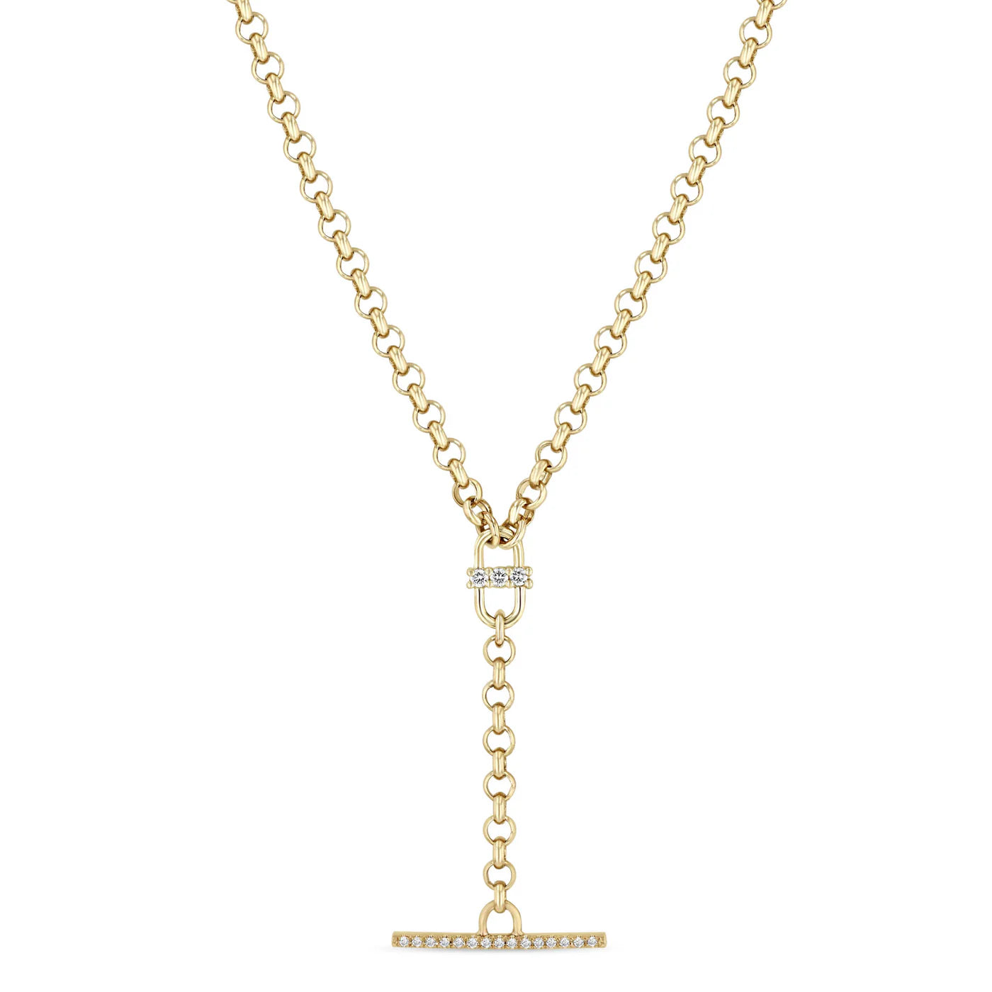 14k 3 Prong Diamond Open Link Pavé Diamond Toggle Rolo Chain Lariat
