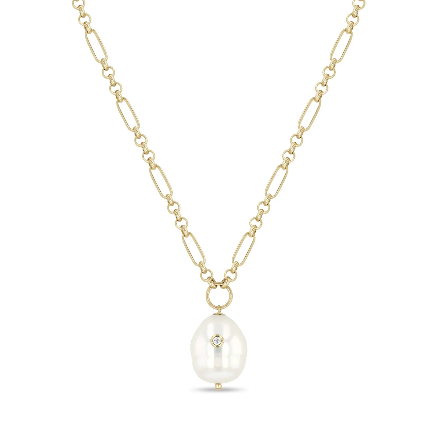 14k Diamond Baroque Pearl Paperclip Rolo Chain Necklace