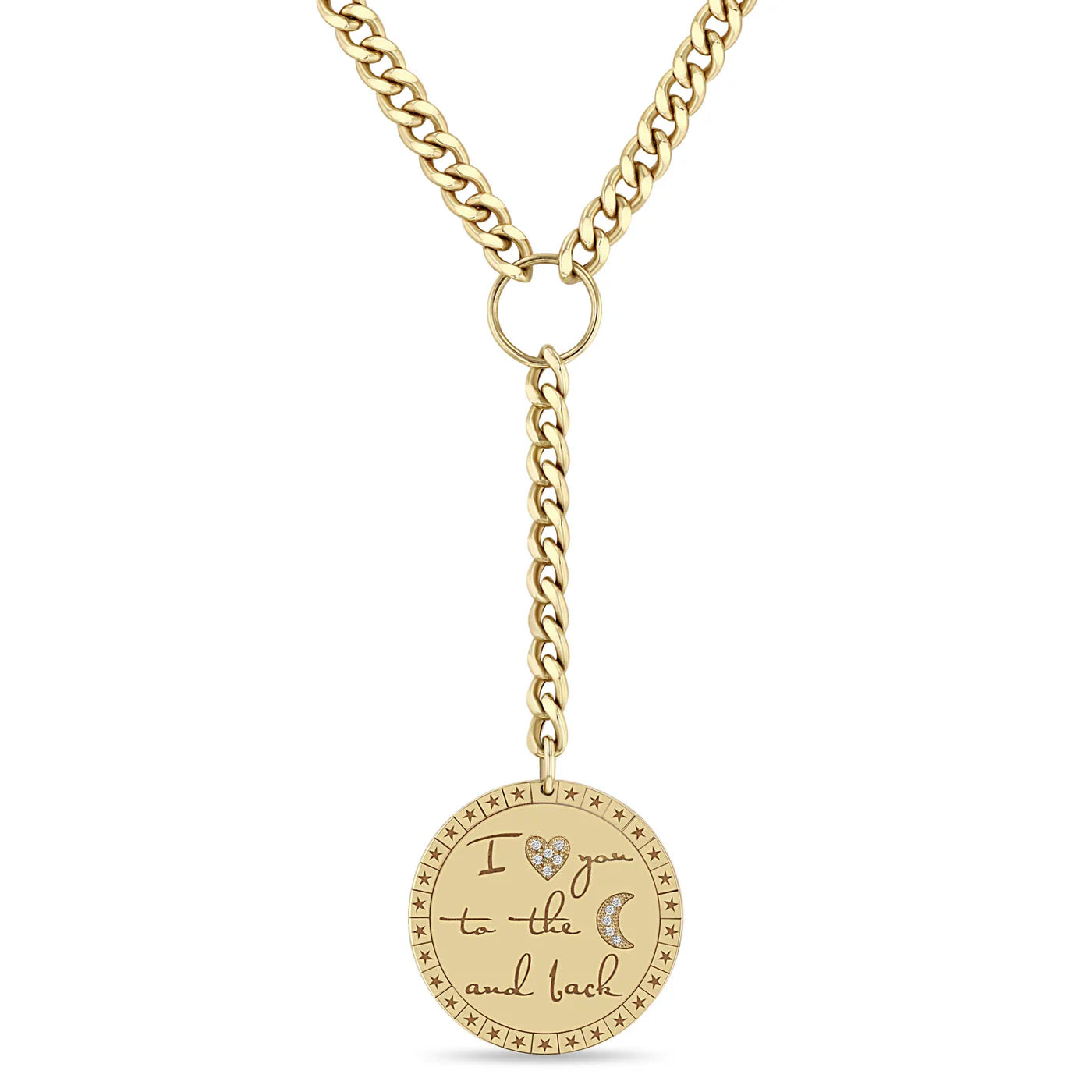 14k Large Pavé Diamond "I love you to the moon & back" Mantra Curb Chain Lariat Necklace