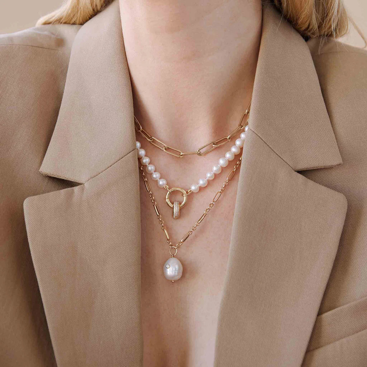 14k Diamond Baroque Pearl Paperclip Rolo Chain Necklace