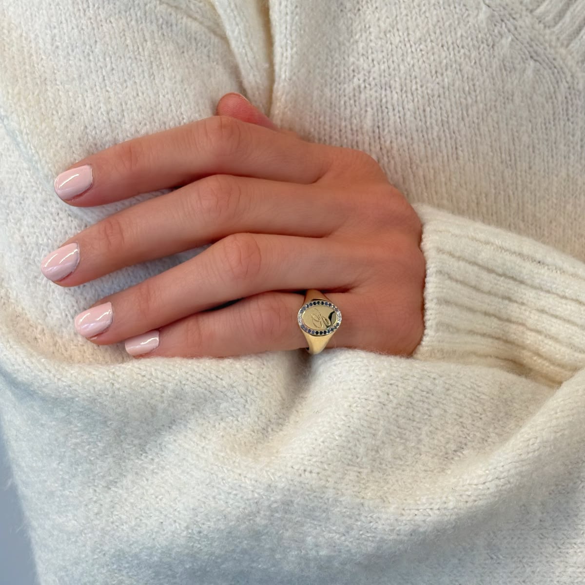 Grace Blue Sapphire Signet Ring with Initial