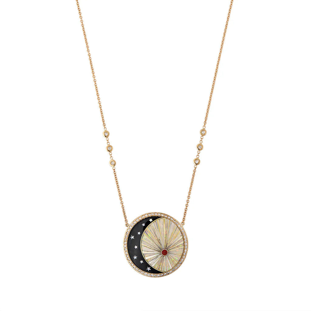 Pave Round Onyx Star Crescent + Opal Rays Inlay Necklace