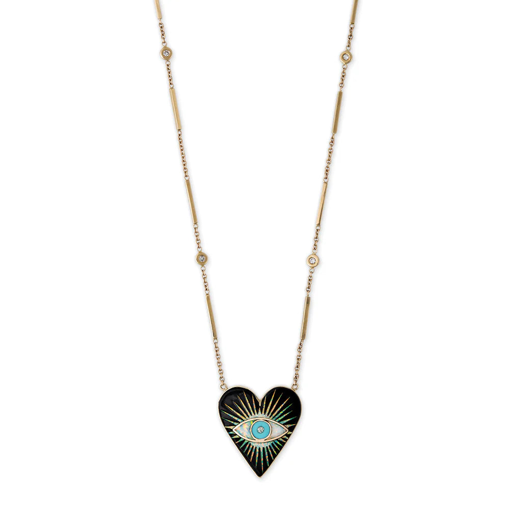 Small Onyx Opal Turquoise Inlay Eye Burst Heart Necklace