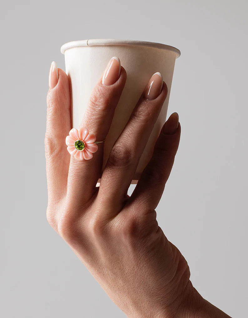 Daisy Flower Ring Small Pink Opal Peridot