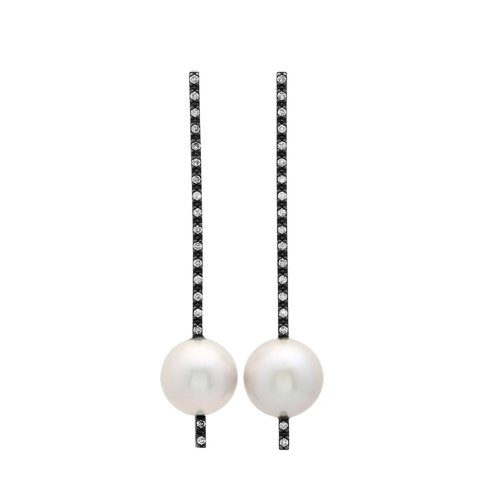 Oxidized Silver Pearl And Diamond Stick Earrings
