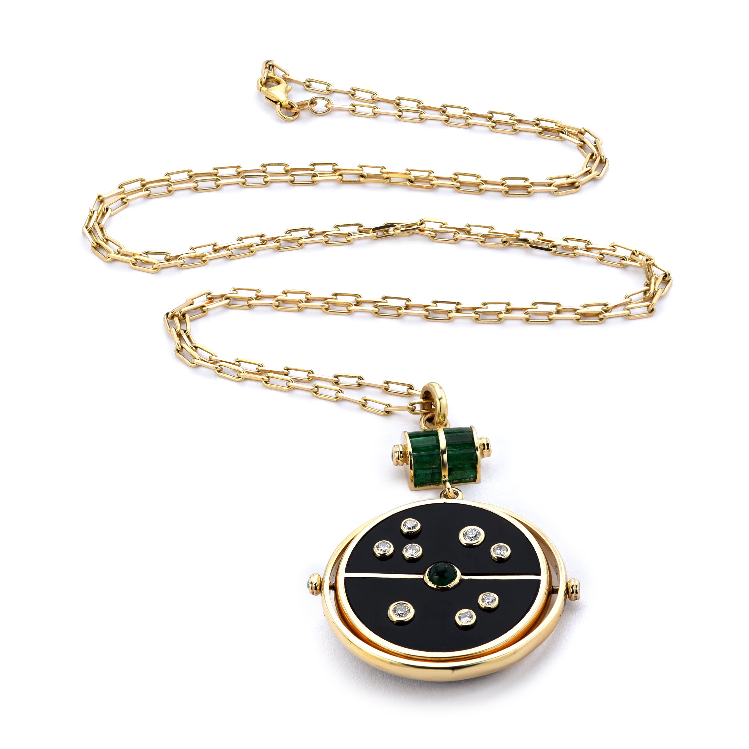 Grandfather Compass Pendant with Black Onyx and Emerald