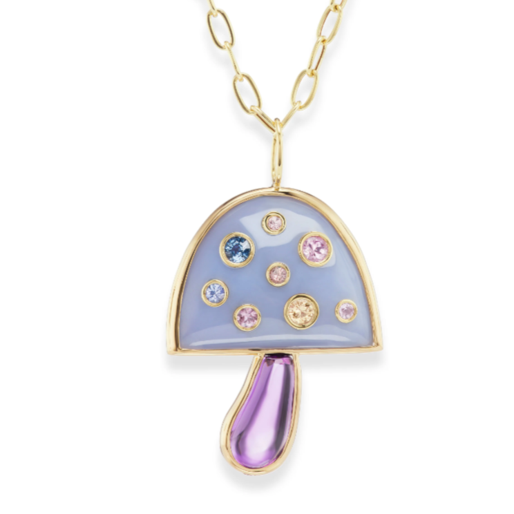 Large Magic Mushroom Pendant with Blue Chalcedony & Amethyst and Pastel Sapphires