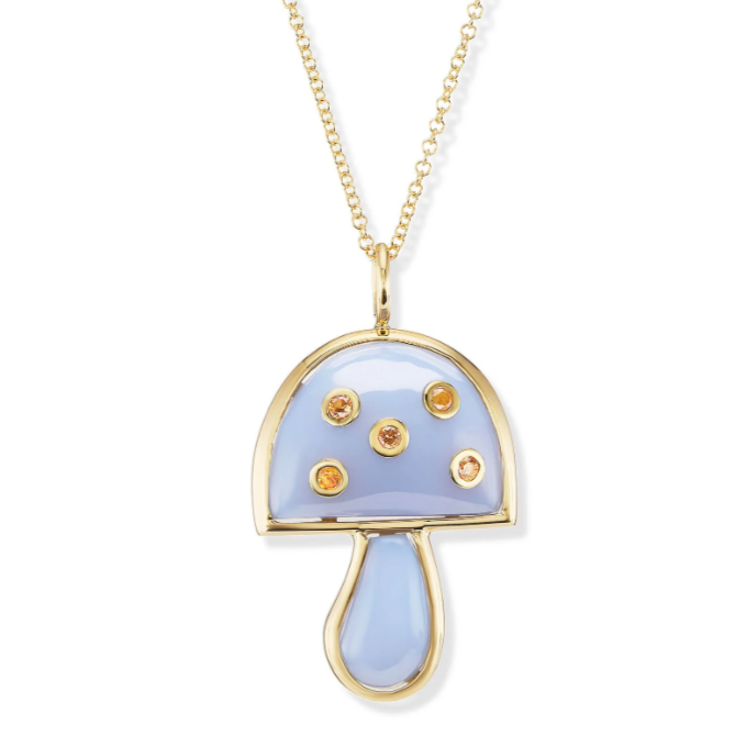 Small Magic Mushroom Pendant with Blue Chalcedony and Orange Sapphires