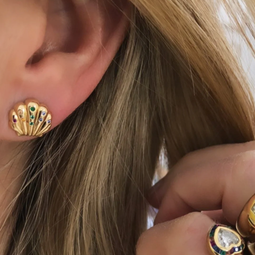 Small Shell Studs with Multi-Colored Sapphires