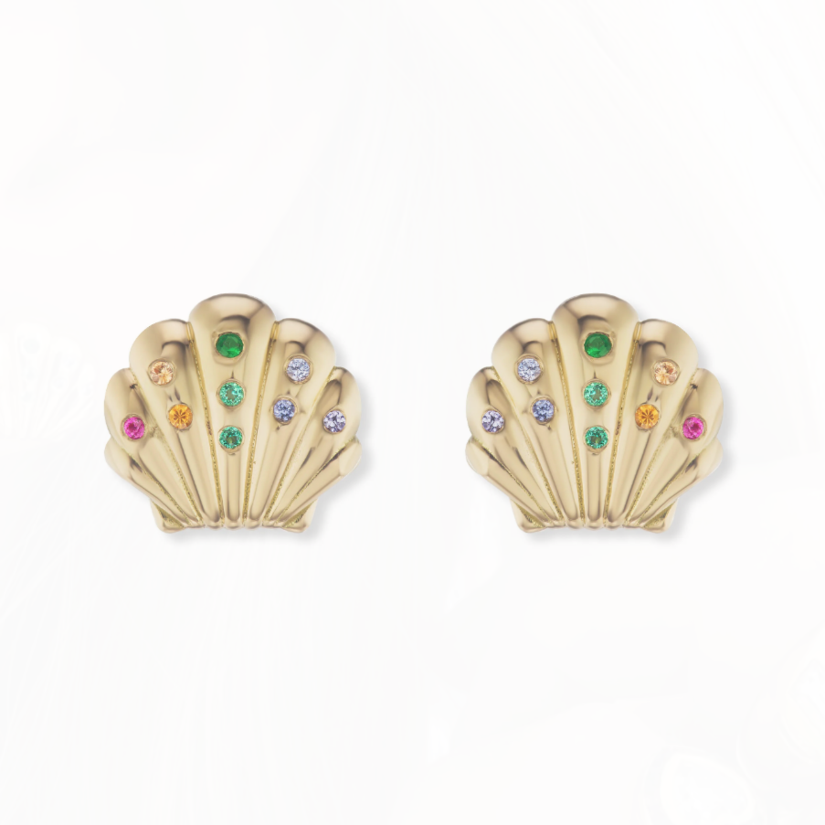 Small Shell Studs with Multi-Colored Sapphires