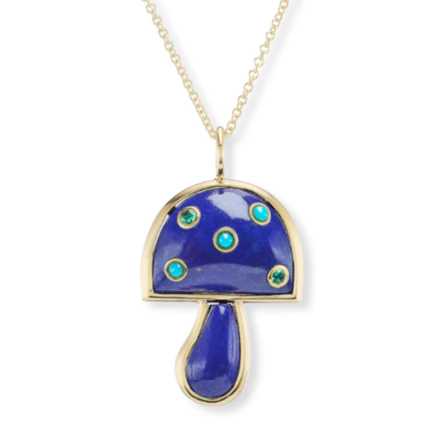 Small Magic Mushroom Pendant with Lapis and Emeralds & Turquoise Cabochons