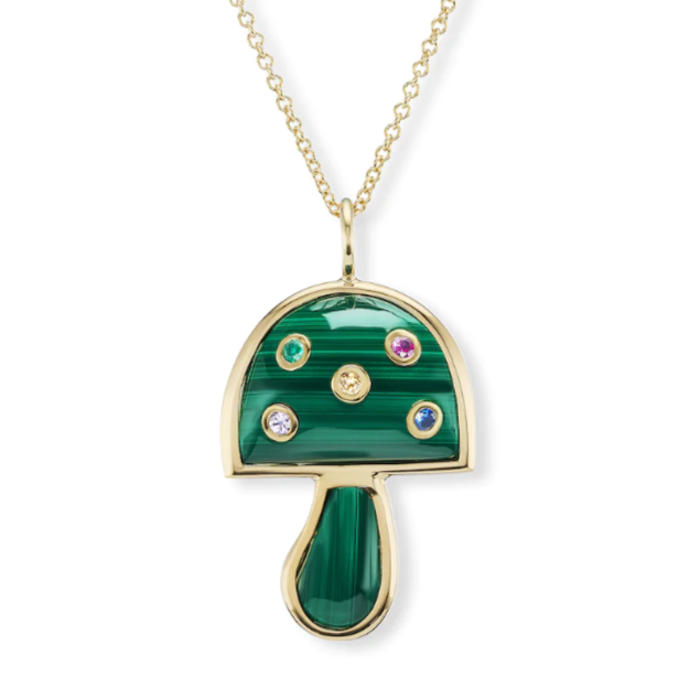 Small Magic Mushroom Pendant with Malachite and Multi-Colored Sapphires