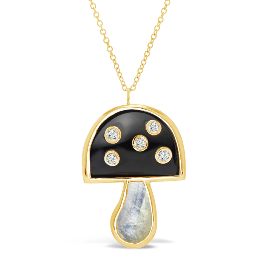 Small Magic Mushroom Pendant with Black Onyx & Rainbow Moonstone and Diamonds