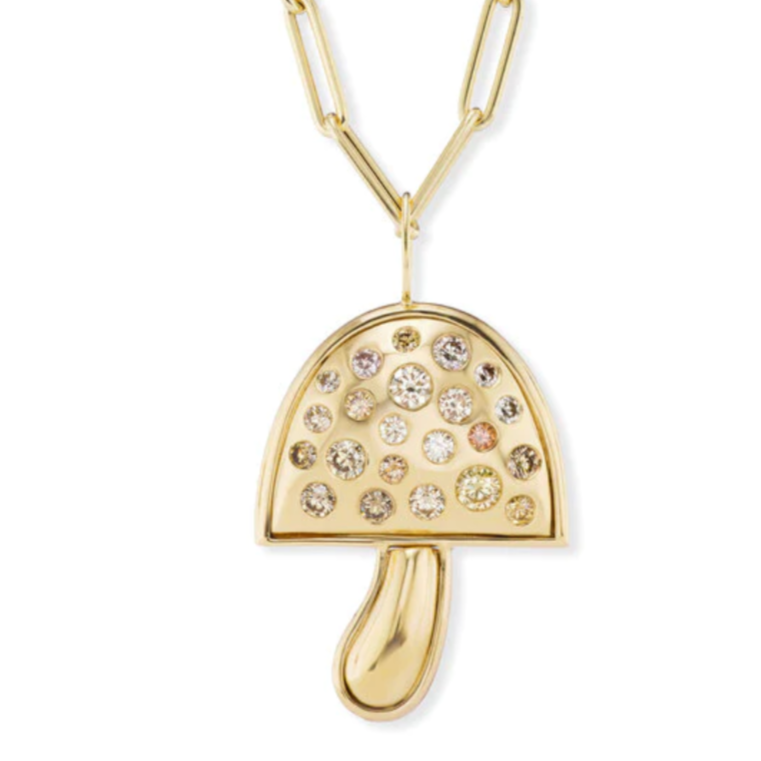 Large Gold Magic Mushroom Pendant with Champagne Diamonds