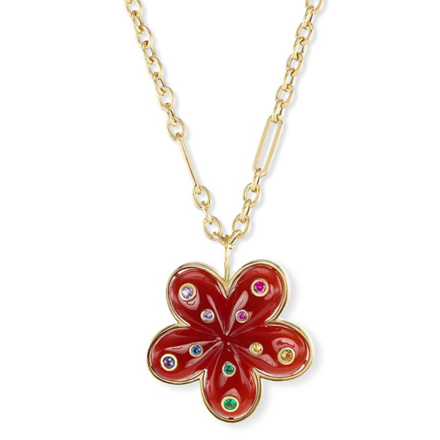Petal Flower Pendant with Carnelian and Multi-Colored Sapphires