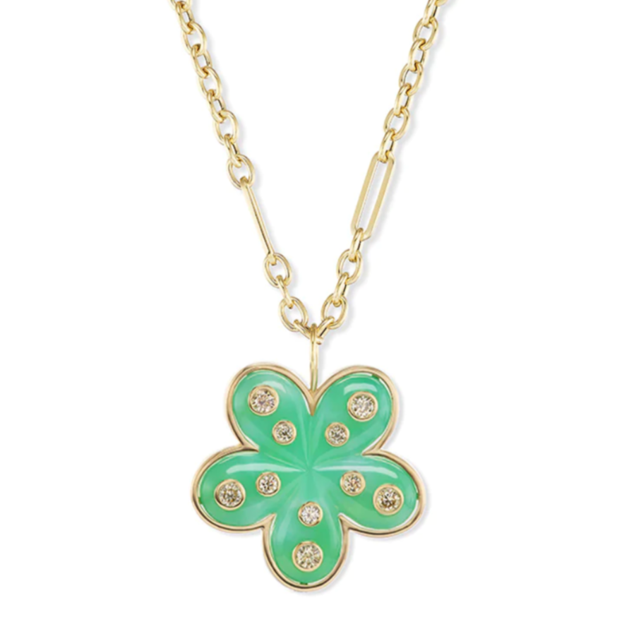 Petal Flower Pendant With Carved Stone & Champagne Diamonds