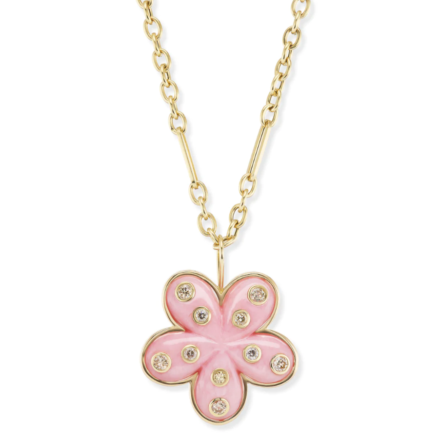Petal Flower Pendant With Carved Stone & Champagne Diamonds