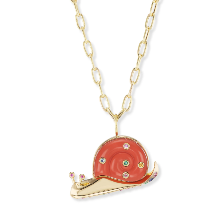 Large Snail Pendant with Carved Stone and Pave Slime Bottom