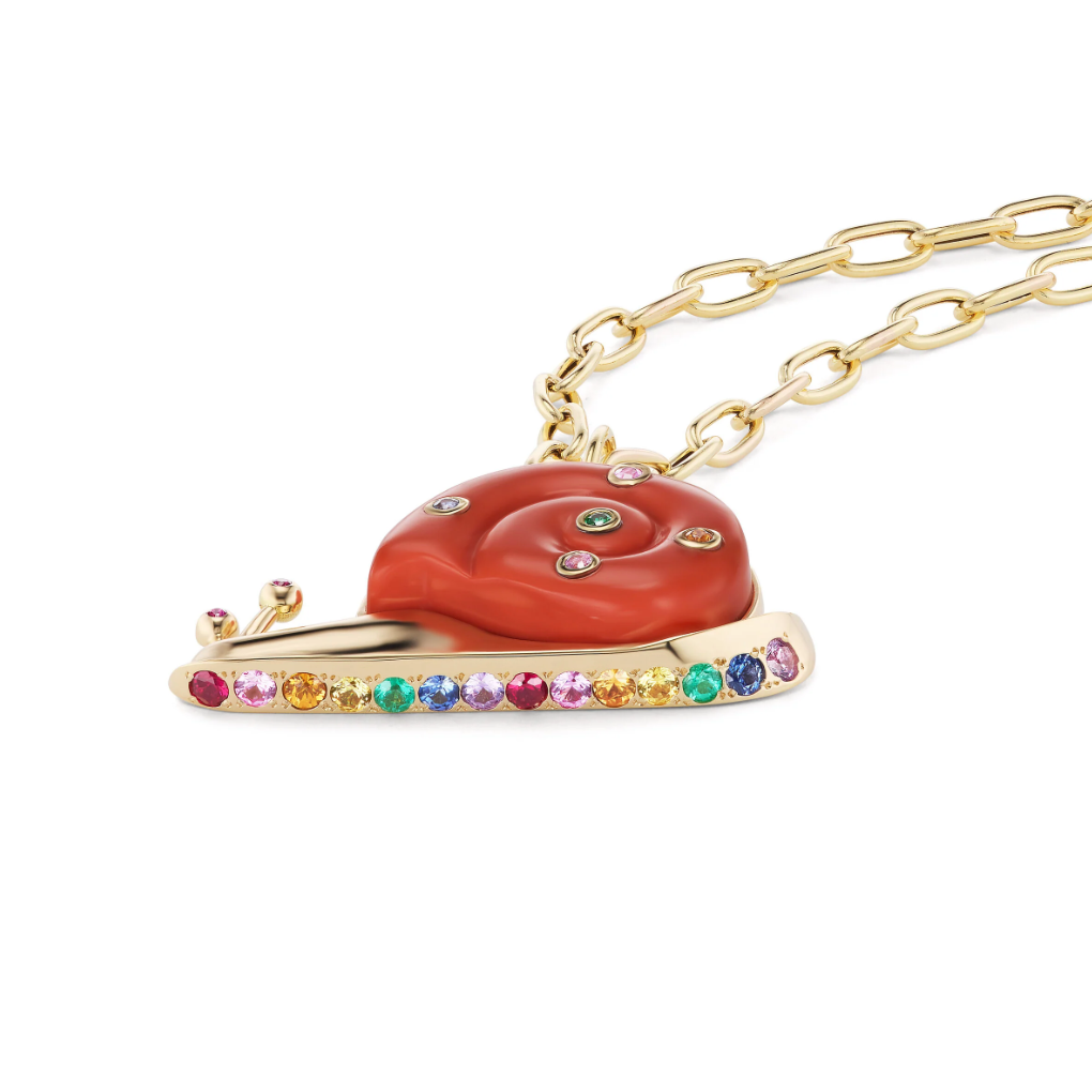 Large Snail Pendant with Carved Stone and Pave Slime Bottom