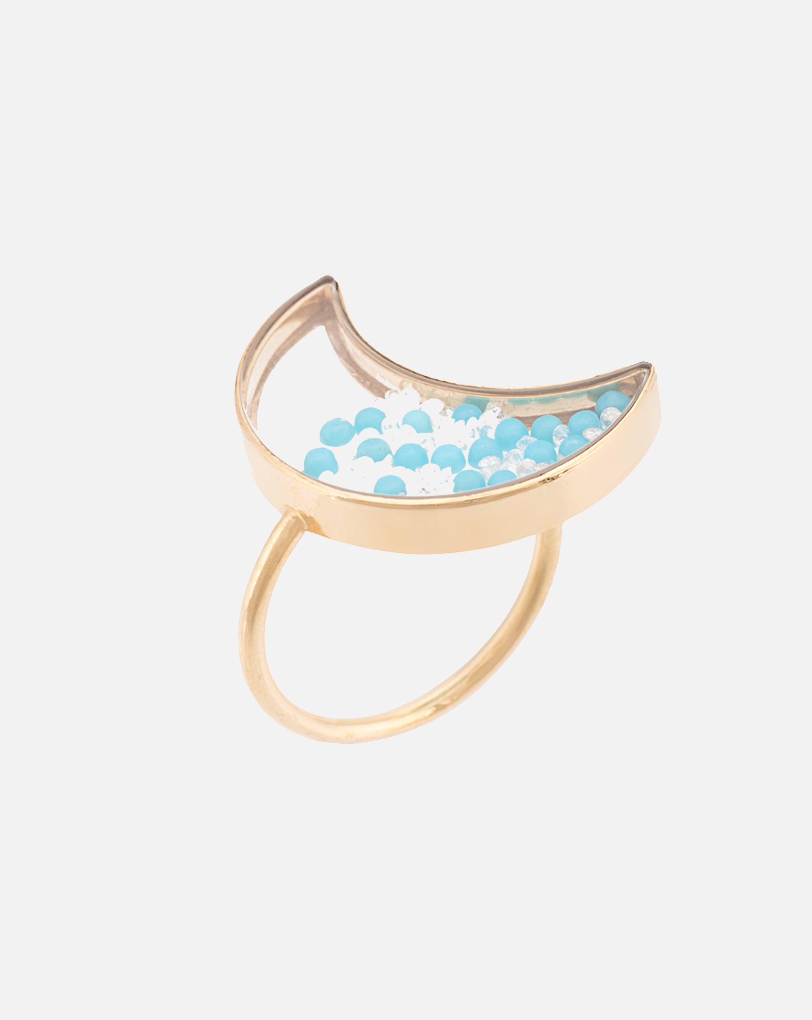Moon Ring with Torquoises and White Sapphires - Yellow Gold