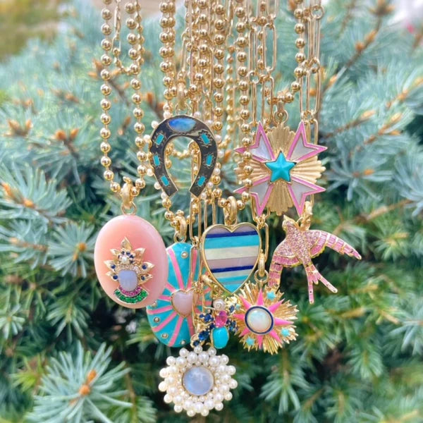 14K Gold Turquoise Opal & Pearl Holly Horseshoe Charm